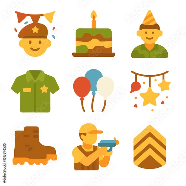 Obraz Army birthday icon set with nine colorful designs for party decorations. Perfect for militarythemed birthday celebrations and event planning.