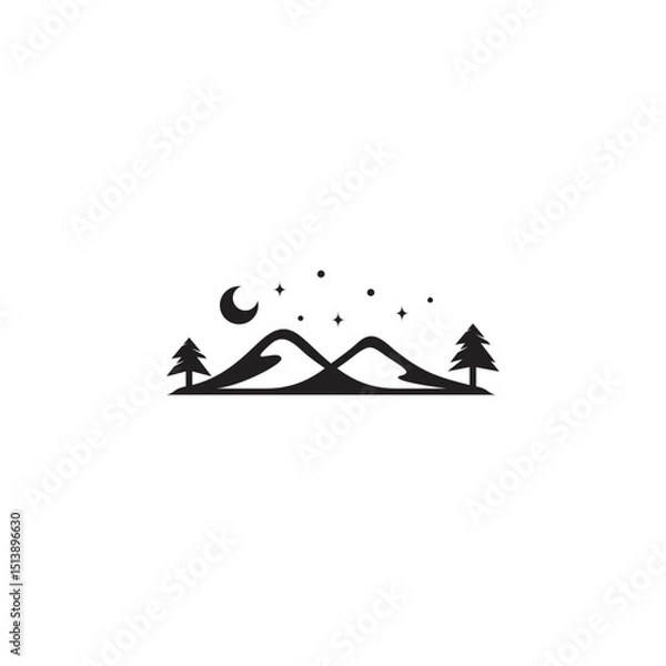Fototapeta night mountain view logo decorated with stars and moon in flat design