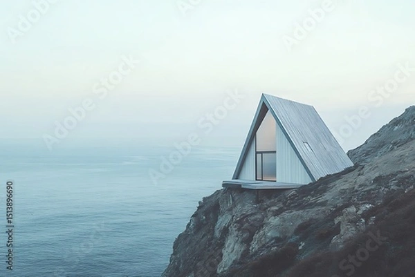 Fototapeta A minimalistic A-frame cabin on a cliff edge overlooking the ocean, light greys and blues 