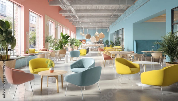 Obraz Modern, vibrant coworking space features colorful chairs, wooden tables, and large windows allowing natural light. open layout includes plants and pendant lighting, creating welcoming atmosphere