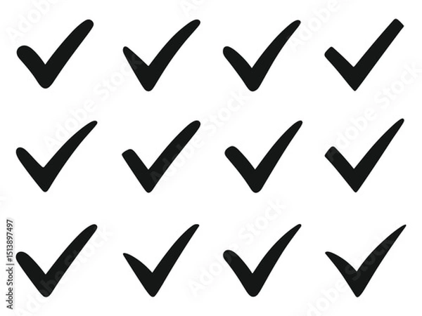 Obraz Set of Black Check Mark Icons – Hand Drawn Tick Symbols Collection for Checklist, Task, and UI Design