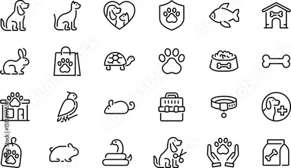 Fototapeta Pets web icons in line style. Dog, cat, rabbit, hamster, bird, bone, pets, vet help