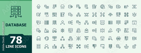 Obraz Database icon set in linear style. Center icon set. Minimalist icons. Containing data center, center, storage, computing, host, hosting, analytics and more. Editable stroke. Vector collection.