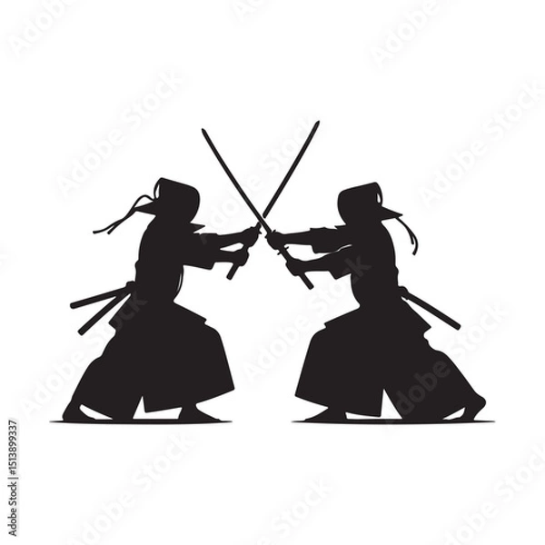 Fototapeta silhouette of two kendo fighters practicing with wooden swords