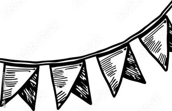 Obraz Hand drawn festive pennant banner, triangular flags strung in a row black and white decorative party decoration illustration