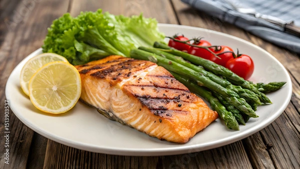 Fototapeta Grilled salmon fillet with asparagus arranged on a white plate, showcasing a delicious and healthy meal