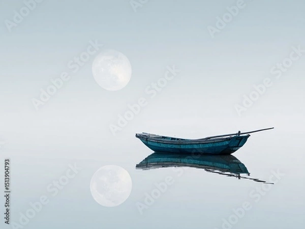 Fototapeta Minimalist fishing boats floating on calm water with full moon reflections, blue and gray tones, perfect for editorial or design use