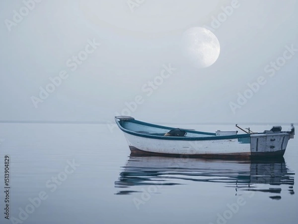 Fototapeta Minimalist fishing boats floating on calm water with full moon reflections, blue and gray tones, perfect for editorial or design use