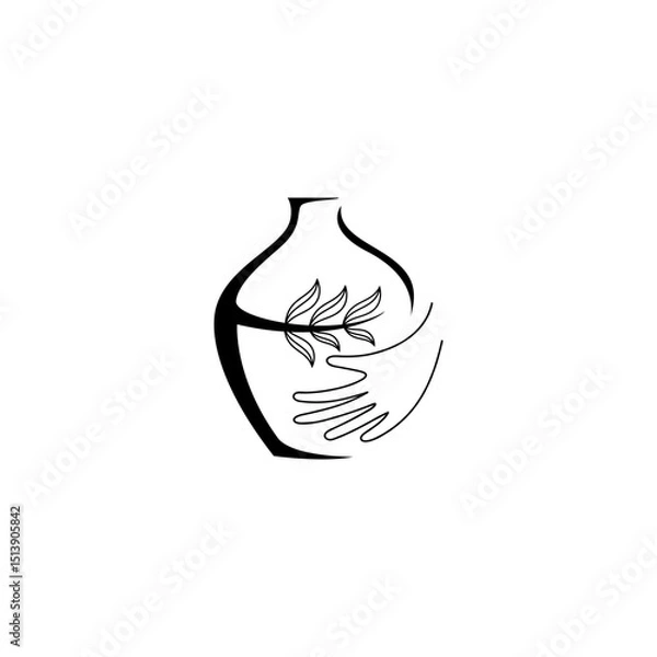 Fototapeta clay pottery logo with combination of hands and leaves in flat design style