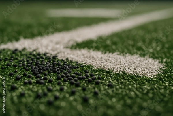 Obraz Black rubber granules scattered on artificial turf surface near white field marking on sports ground