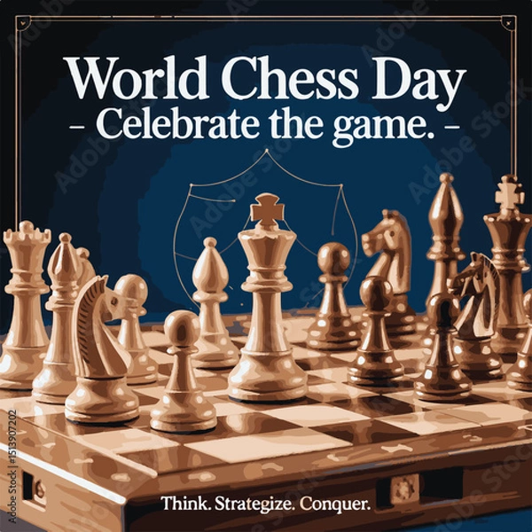 Fototapeta World Chess Day Celebration Banner – Abstract Chessboard Background with King and Queen Pieces.