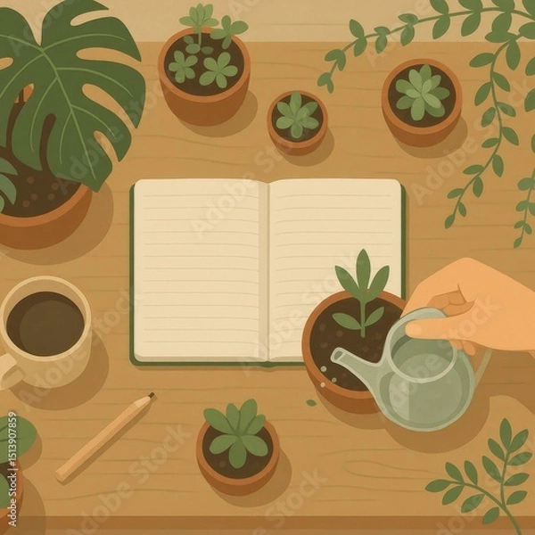Fototapeta Biophilic Office Workspace Top View with Indoor Plants – Abstract Eco-Friendly Illustration

