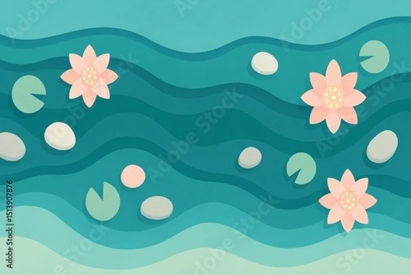 Fototapeta Abstract Spring Pond with Lotus Flowers and Stones – Wide Panoramic Top View

