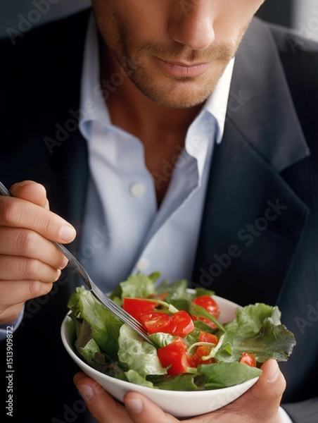 Obraz A man in a suit eating a fresh salad. The focus is on his mouth as he enjoys the vibrant ingredients
