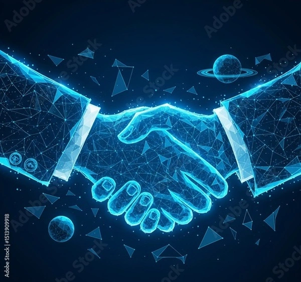 Fototapeta Abstract image of Business handshake in glowing blue. Low polygon, particle, and triangle style design.Wireframe light connection structure or points, lines, and shapes in the form of planets, stars