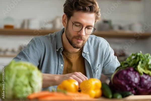 Obraz A young man focuses on preparing fresh vegetables in a modern kitchen. 
