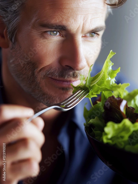 Obraz A man as he joyfully raises a fork filled with fresh greens towards his mouth