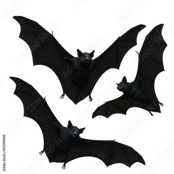 Fototapeta Group of bats flying, halloween decoration element, dark creatures isolated on transparent background