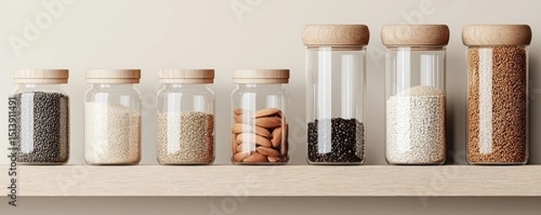Fototapeta Glass jars with wooden lids hold various grains, seeds, and nuts neatly arranged on a wooden shelf against a neutral background.