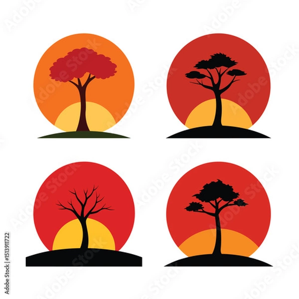 Obraz Lone tree set against a beautiful sunset for peaceful design themes vector illustration.