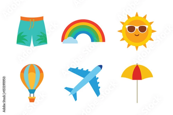 Fototapeta Fun and vibrant summer element set with beach and travel icons vector illustration.