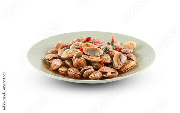 Fototapeta Stir-fried Clams with Chilli Paste isolated on white background with clipping path. Stir fried striped clams with basil, chilli paste, garlic and fresh chilies, thai seafood.