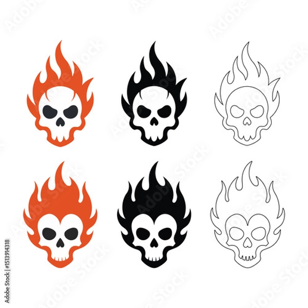 Obraz Halloween skull set with blazing fire flame in spooky art style vector illustration.