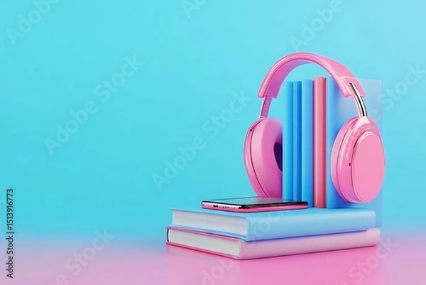 Fototapeta Books with headphones and smartphone on a pink background. 3D Render