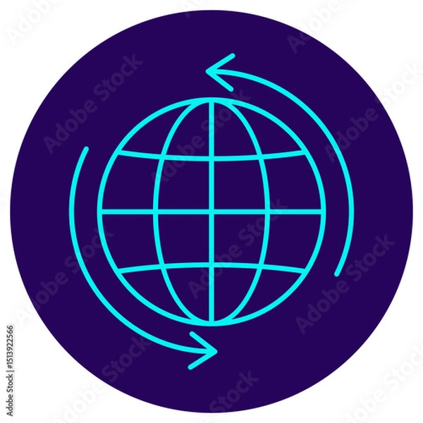 Obraz Icon of a globe with two circular arrows. Vector pictogram with thin lines on a dark blue circular background. Symbolizes global connection, internet network, and data exchange