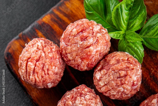 Obraz Meatballs raw meat pork, beef, chicken fresh delicious gourmet food background on the table rustic food top view copy space