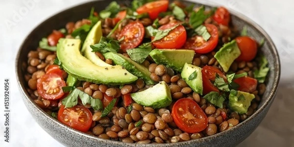 Fototapeta A fresh lentil salad with cherry tomatoes, avocado slices, and chopped herbs served in a bowl.