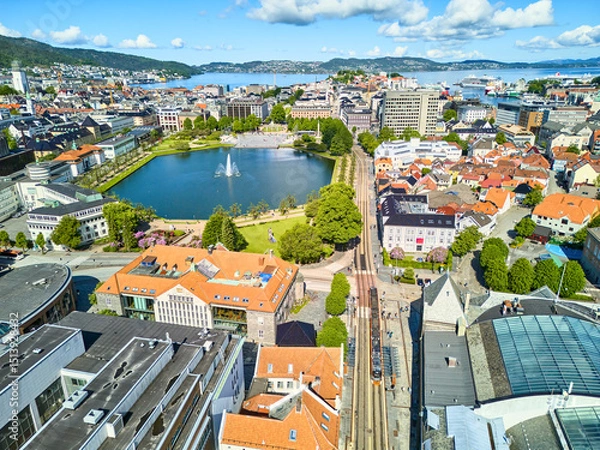 Obraz Aerial drone view of the center of Bergen with small lake and tram, Norway