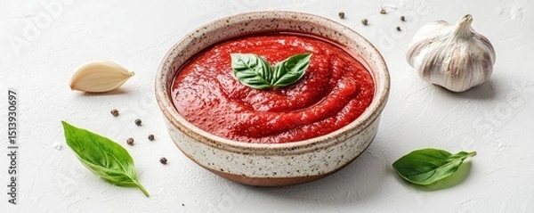 Fototapeta Bowl of tomato sauce garnished with basil leaves, surrounded by garlic, peppercorns, and fresh basil on a white background.