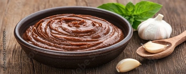 Fototapeta A bowl of thick brown sauce with garlic cloves and basil on a wooden table.