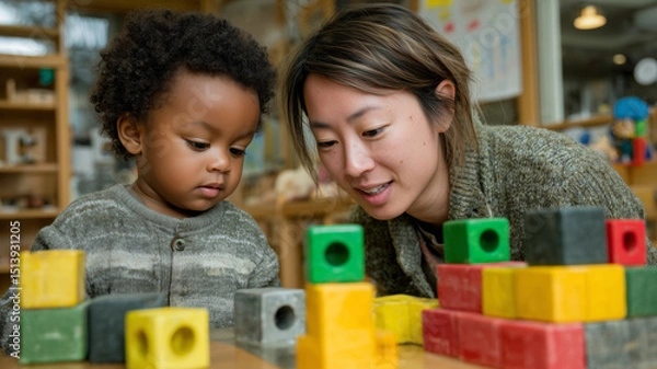 Fototapeta Colorful blocks inspire creativity in a playful environment with a delighted toddler and a caring adult
