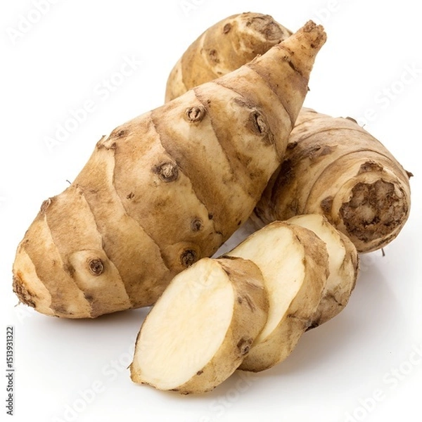Fototapeta Fresh jerusalem artichokes with slices isolated on white background