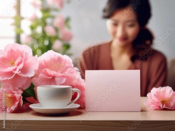 Obraz a white card with a woman in background