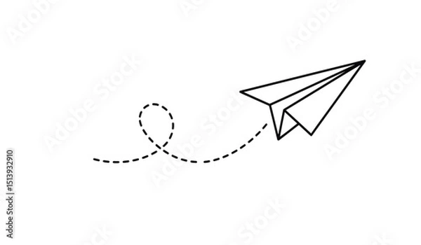 Fototapeta Paper plane with dotted line travel and route symbol in line style, Origami paper airplane, Black linear paper plane icon.