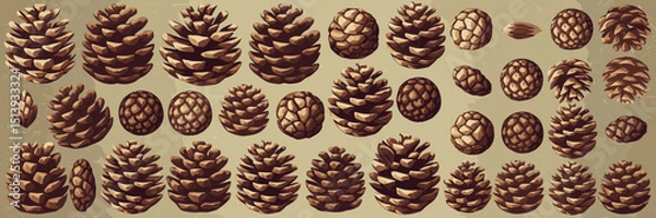 Fototapeta Vector icon sheet of pinecones in various sizes on textured background
