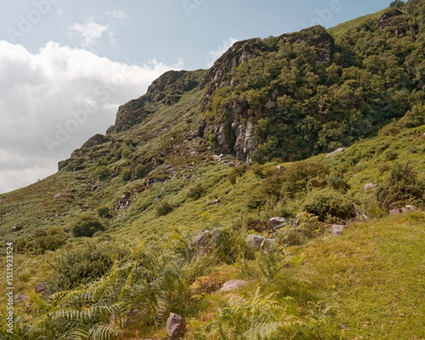 Fototapeta Scenic view of Strickeen mountain covered in lush green vegetation in the Gap of Dunloe, County Kerry, Ireland.