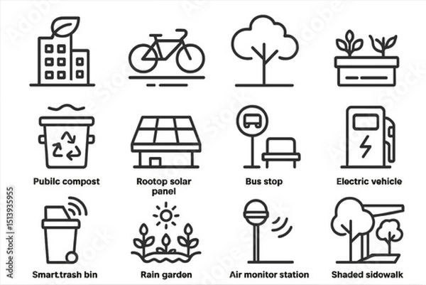 Obraz Eco-friendly urban icon set featuring green technologies and public services