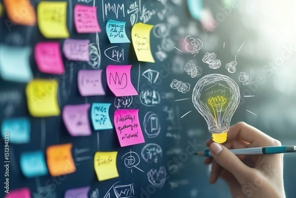 Fototapeta business confident portrait concept. Creative brainstorming with sticky notes and a lightbulb illustration on a chalkboard.