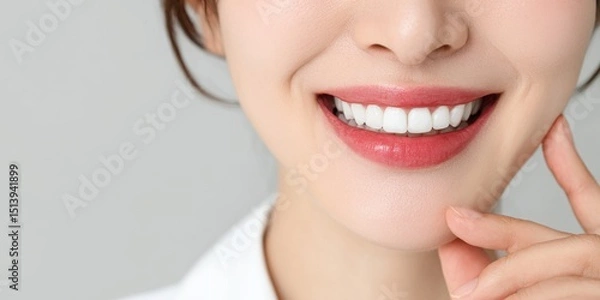 Obraz Smiling woman showcasing bright teeth in a studio portrait photography clean and elegant environment