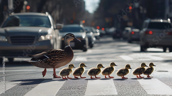 Fototapeta Duck and Ducklings Crosswalk: A mother duck leads her adorable ducklings across a pedestrian crosswalk in a busy urban street, cars in background.