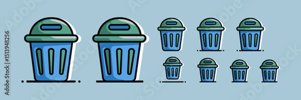 Obraz Blue and green 3D trash can icon with multiple sizes on grey background