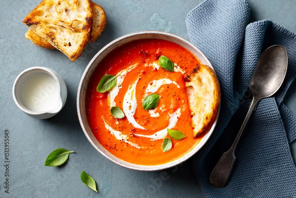 Fototapeta Tomato soup with cream in a white bowl on grey background. Close up. Top view.