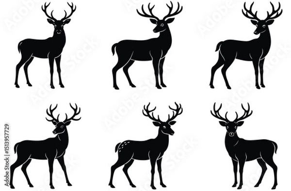Obraz A vector set of wild deer and reindeer animal silhouettes with antlers and horns, perfect for nature and wildlife illustrations