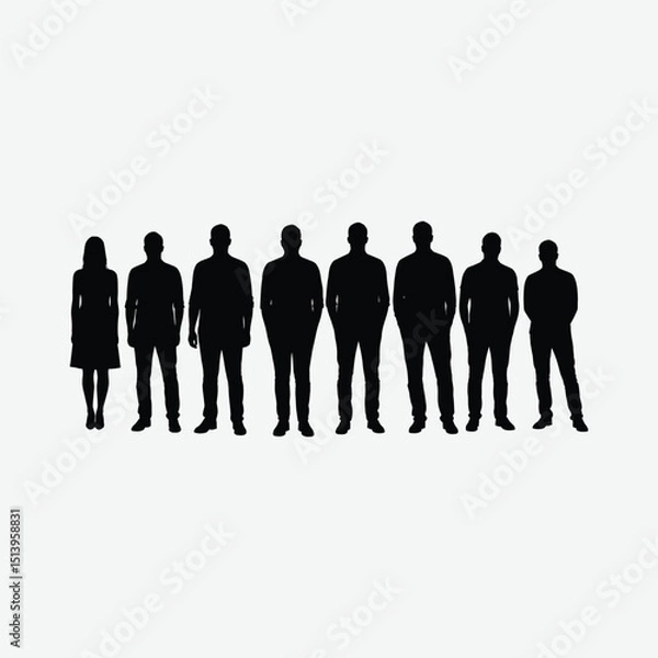 Fototapeta Minimalist artwork of seven diverse black silhouettes standing in a line on a white background. Abstract, balanced, and neutral design ideal for modern visual projects.