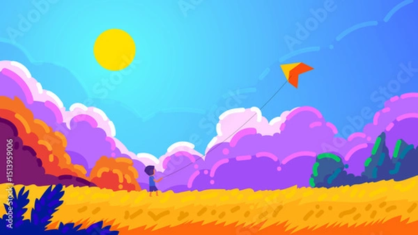 Fototapeta Child Flying a Kite on a Sunny Day in the Countryside