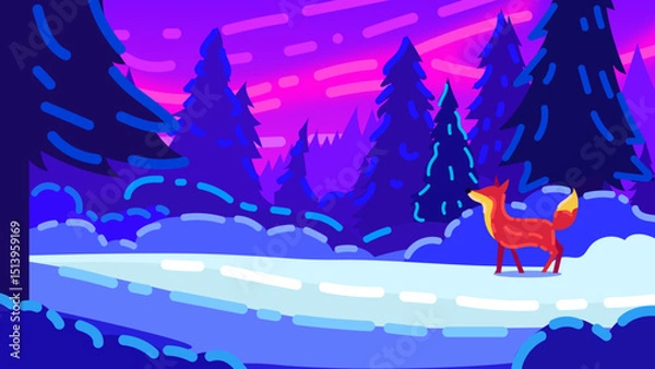 Fototapeta Fox in Snowy Forest Under Colorful Sky